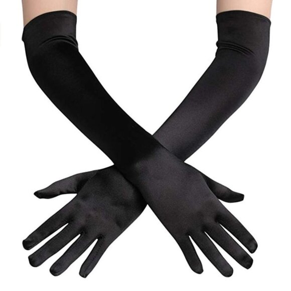 Girl Elbow Black Length Stretch Satin Long Flapper Gloves Evening Opera … - Picture 1 of 1